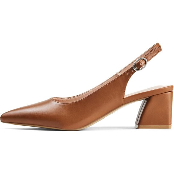 Women Slingback Brown Toe Block Heel Pump Low Heel Office Wedding Dress Shoes - Picture 2 of 6